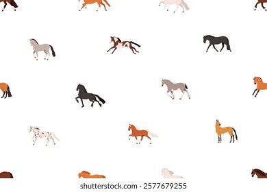 Horse print. Seamless equine pattern. Endless background, repeating design with galloping, walking, trotting stallions. Colored flat vector illustration for wrapping, textile, fabric and wallpaper