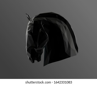 Horse Profile in Black and White. Dark Low Poly Vector Greyscale Silhouette 3D Rendering