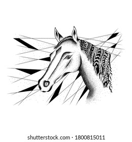 Horse in profile with diagonal lines in the background. Pointillist style and geometric mandalas.