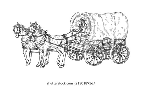 Horse pulling carriage or vintage wagon with two horses, sketch vector illustration isolated on white background. Retro horse cart, old town or country transport.