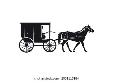 A horse pulling a cart Amish with a man setting inside the cart
