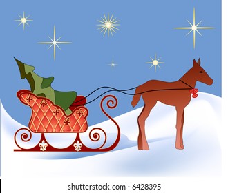 caballo tirando de trineo con árbol de navidad en la noche de invierno