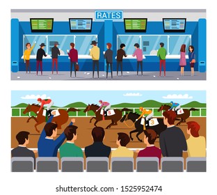 Horse race betting flat vector illustrations set. Professional jockeys and cheering fans on hippodrome cartoon characters. Gamblers queue in bookmakers office. Derby competition, equestrian sport