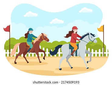 Horse Race Cartoon Illustration with Characters People doing Competition Sports Championships or Equestrian Sports in Racecourse