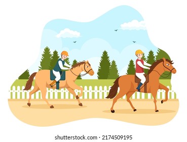 Horse Race Cartoon Illustration with Characters People doing Competition Sports Championships or Equestrian Sports in Racecourse