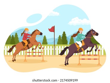 Horse Race Cartoon Illustration with Characters People doing Competition Sports Championships or Equestrian Sports in Racecourse