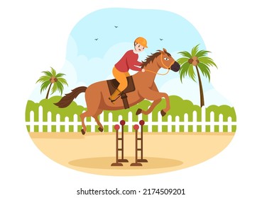 Horse Race Cartoon Illustration with Characters People doing Competition Sports Championships or Equestrian Sports in Racecourse