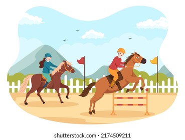 Horse Race Cartoon Illustration with Characters People doing Competition Sports Championships or Equestrian Sports in Racecourse