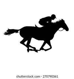 Horse race. Derby. Equestrian sport. Silhouette of racing horse with jockey on isolated background. Horse and rider. Racing horse and jockey silhouette. Eps 8