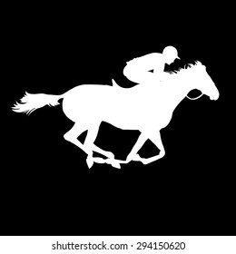 Horse race. Equestrian sport. Silhouette of racing horse with jockey on isolated background. Horse and rider. Racing horse and jockey silhouette. Derby