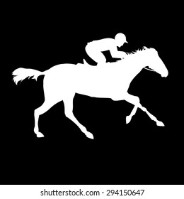 Horse race. Equestrian sport. Silhouette of racing horse with jockey on isolated background. Horse and rider. Racing horse and jockey silhouette. Derby