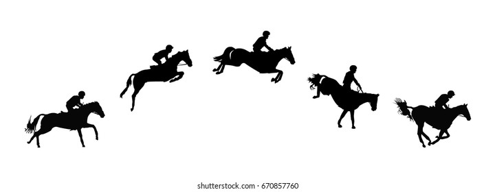 Horse Race. Equestrian Sport. Silhouette Of Racing Horse With Jockey. Jumping. Five Steps.