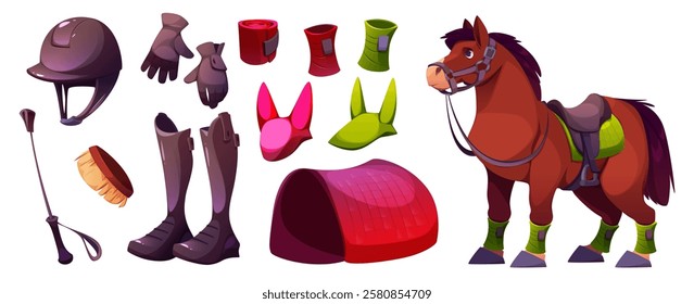 Horse race equipment set isolated on white background. Vector cartoon illustration of brown racehorse, saddle, fly cap and cover rug, jockey hat, boots, gloves and whip, equestrian sports accessories