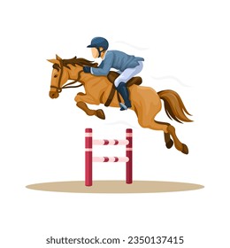 Horse Race Jump Barrier Pose Cartoon Illustration Vector