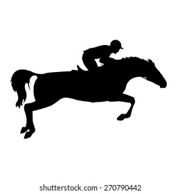 Horse race. Horse and rider. Derby. Equestrian sport. Silhouette of racing horse with jockey on isolated background. Racing horse and jockey silhouette. Eps 8