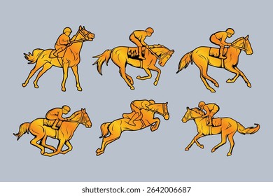 Horse Race Rider Jockey Gold Black Luxury Flat Vector Set Collection