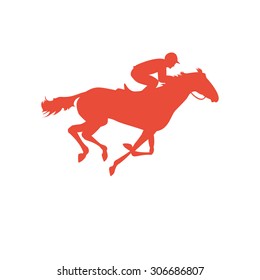 Horse race. Silhouette of racing horse with jockey on isolated background. Racing horse and jockey silhouette. Horse and rider. Derby vector icon. Equestrian sport
