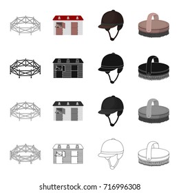 Horse race, stables, jockey rider, brush. Hippodrome and horse racing set collection icons in cartoon black monochrome outline style vector symbol stock illustration web.