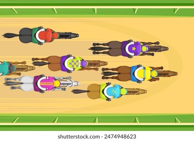 Horse race top view. Vector aerial scene with jockeys and their stallions in vibrant racing gear on the racetrack. Dynamic and competitive race showcasing the thrill and excitement of equestrian sport