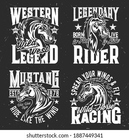 Horse races and polo riding t-shirt prints, equestrian sport club vector grunge icons. Wild horse equine racing and mustang riding, Born to be Free and Life is Ride quote, grunge sign for shirt print