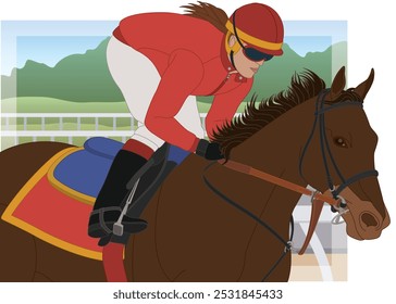 horse racing, close-up of female jockey riding on her racehorse with racetrack in the background