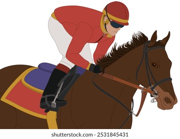 horse racing, close-up of male jockey riding on his racehorse isolated on a white background