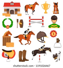 Horse Racing color vector icons set. Flat design