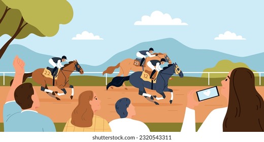 Horse racing competition flat background with competitors and cheering fans characters in hippodrome vector illustration