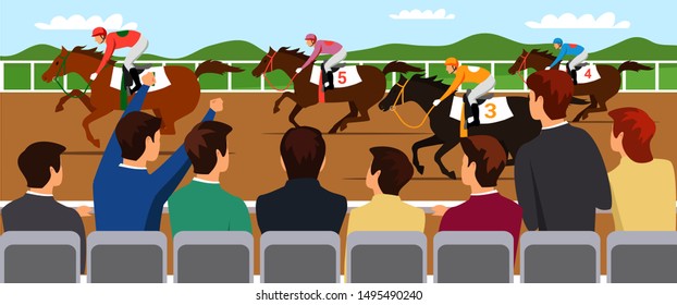 Horse racing competition flat vector illustration. Competitors and cheering fans cartoon characters. Professional jockeys, riders on thoroughbred racehorses backs. Equestrian sport, derby