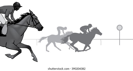 Horse Racing. Competition. Jockeys on horses galloping on the racetrack. Black silhouettes on white background 