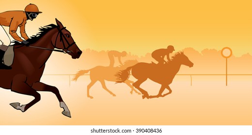 Horse Racing. Competition. Jockeys on horses galloping on the racetrack. Silhouettes of riders on a colored background. color image