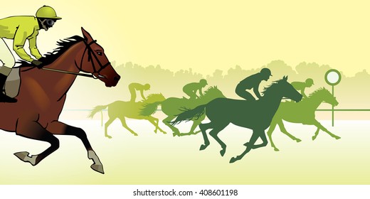 Horse Racing. Competition. Jockeys on horses galloping on the racetrack.. Silhouettes of riders on a colored background. color image
