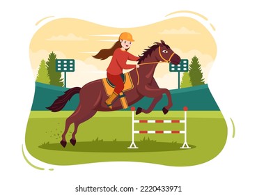 Horse Racing Competition in a Racecourse with Equestrian Performance Sport and Rider or Jockeys on Flat Cartoon Hand Drawn Templates Illustration