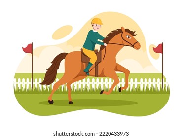 Horse Racing Competition in a Racecourse with Equestrian Performance Sport and Rider or Jockeys on Flat Cartoon Hand Drawn Templates Illustration