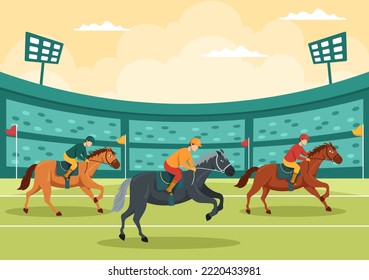 Competencia de carreras de caballos en hipódromo con deportes y ciclistas ecuestres o jinetes en caricatura plana Plantillas dibujadas Ilustración