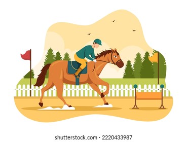 Horse Racing Competition in a Racecourse with Equestrian Performance Sport and Rider or Jockeys on Flat Cartoon Hand Drawn Templates Illustration