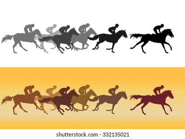 Horse Racing. Competition. Horse racing at the racetrack. Silhouettes of riders on a colored background. color image
