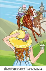 Horse Racing Competition. Vector Illustration. Derby. Woman With Cocktail In Hat.