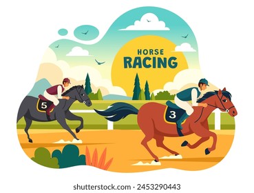 Pferderennen Wettbewerb Vektorillustration mit Reitsport und Reiter oder Jockeys in einer Rennbahn auf flachen Cartoon Hintergrund