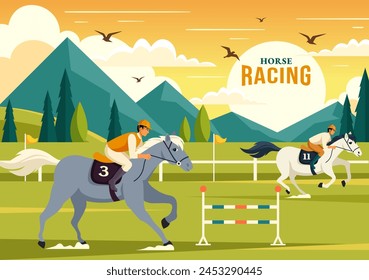 Pferderennen Wettbewerb Vektorillustration mit Reitsport und Reiter oder Jockeys in einer Rennbahn auf flachen Cartoon Hintergrund