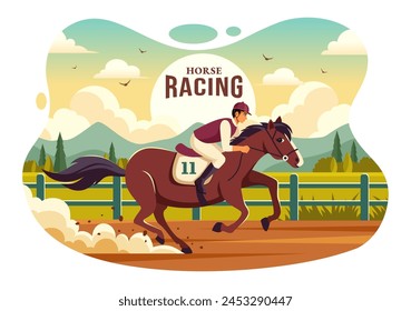 Horse Racing Competition Vector Illustration with Equestrian Performance Sport and Rider or Jockeys in a Racecourse on Flat Cartoon Background