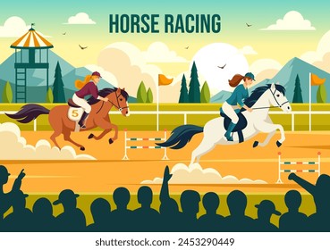 Ilustración vectorial de competición de carreras de caballos con el rendimiento ecuestre Deporte y jinete o jockeys en un hipódromo sobre fondo plano de dibujos animados