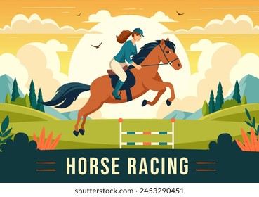 Horse Racing Competition Vector Illustration with Equestrian Performance Sport and Rider or Jockeys in a Racecourse on Flat Cartoon Background