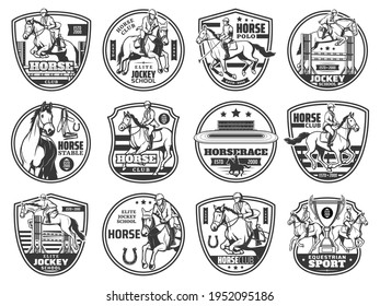 Horse racing, equestrian rides and horse race polo club vector emblem icons. Equine steeplechase championship and jockey school badges, mustang trotter on hippodrome, equestrian sport cup signs