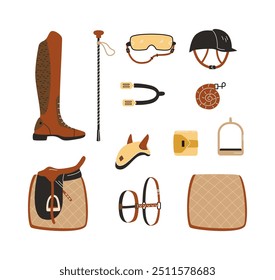 Pferderennen Ausrüstung Vektor-Set. Reitsportgeräte. Pferdeklebstoff. Munition für Pferde Sattel, Bügel, Martingale, Zügel, Peitsche, Halfter Zaumzeug. Jockey Uniform Helmbrille, Stiefel