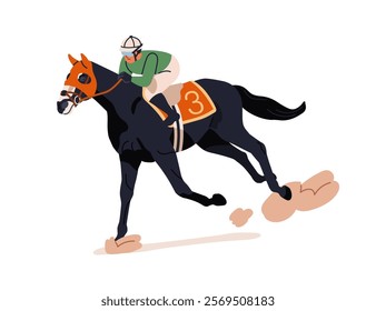 Horse racing, galloping on track with jockey horseback. Equine rider on racehorse, running and rushing stallion. Professional equestrian sport. Flat vector illustration isolated on white background