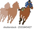 horse racing, head on view of galloping racehorses racing to the finish line isolated on a white background