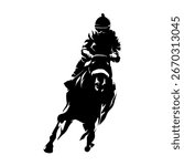 Horse racing. High contrast vector illustration of a jockey riding a horse at full speed, front view