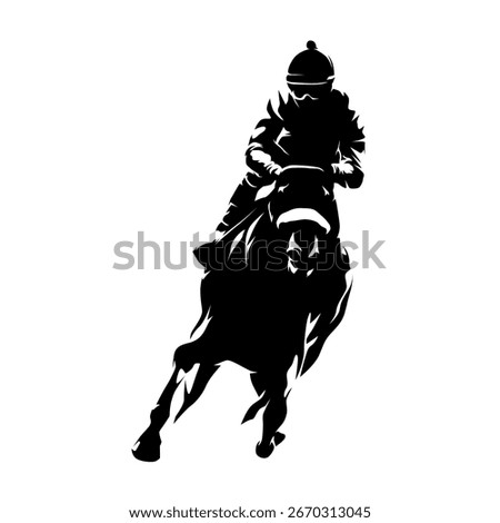 Horse racing. High contrast vector illustration of a jockey riding a horse at full speed, front view