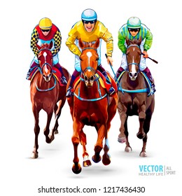Horse racing. Hippodrome. Racetrack. Trio jockeys on horses. Isolated on white background. The view from the front. Vector illustration. Horse racing. Hippodrome. Racetrack. Trio jockeys on horses. Isolated on white background. The view from the front. Vector illustration.